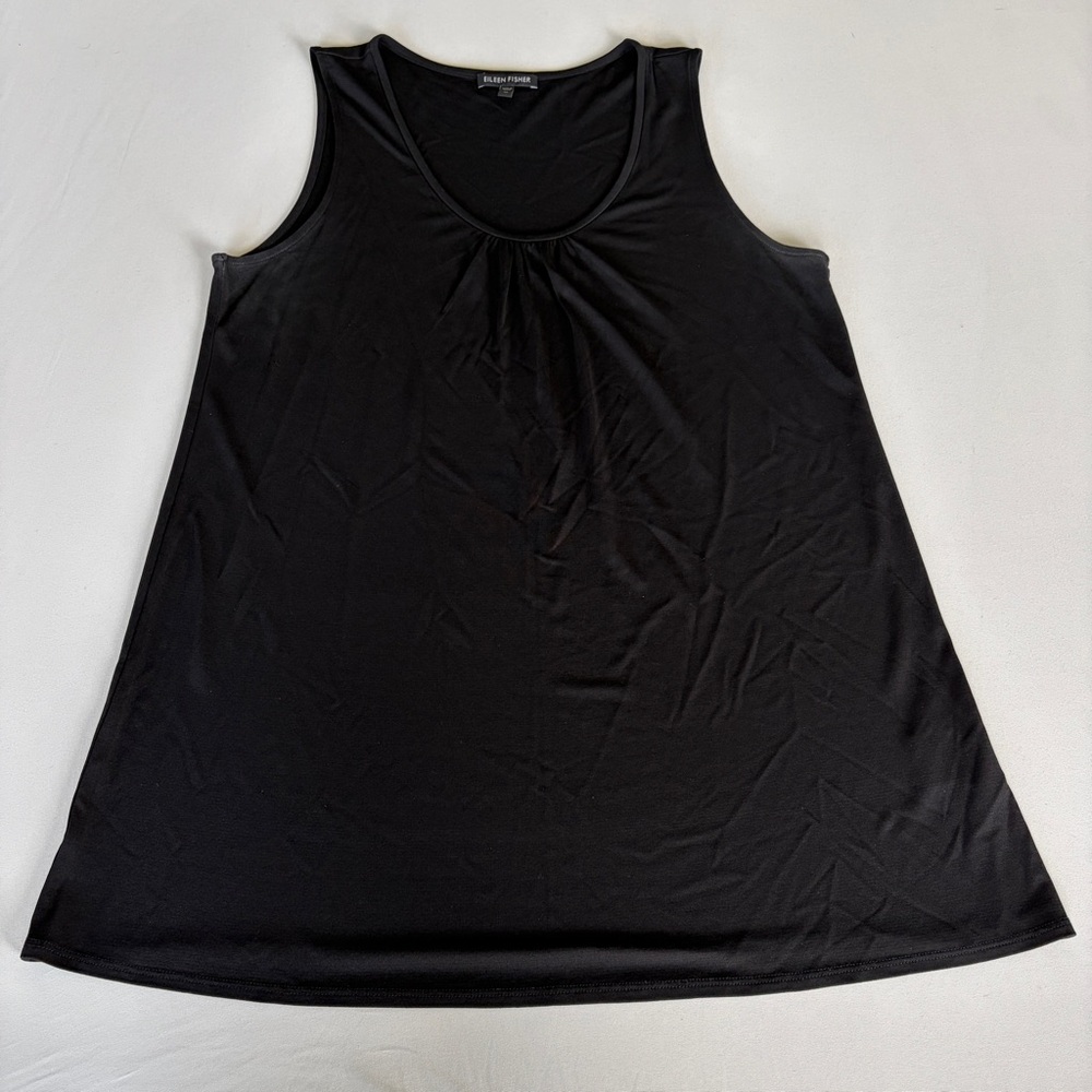 Eileen Fisher Silk Tank Top Black Sleeveless Gathered Scoop Neck M
